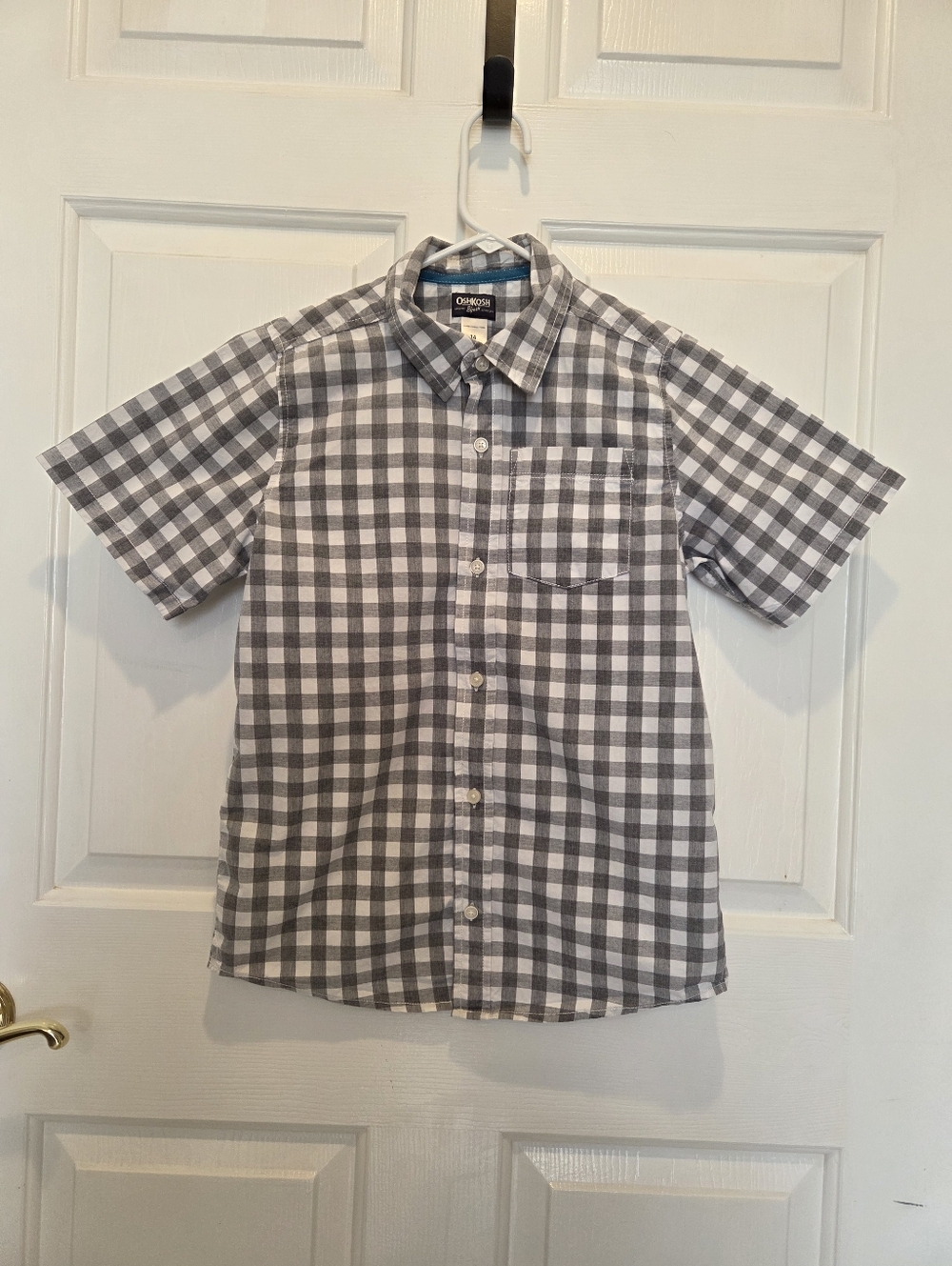 OshKosh B'gosh Gray and White Plaid Short Sleeve Button-Down Shirt, Boys Size 14